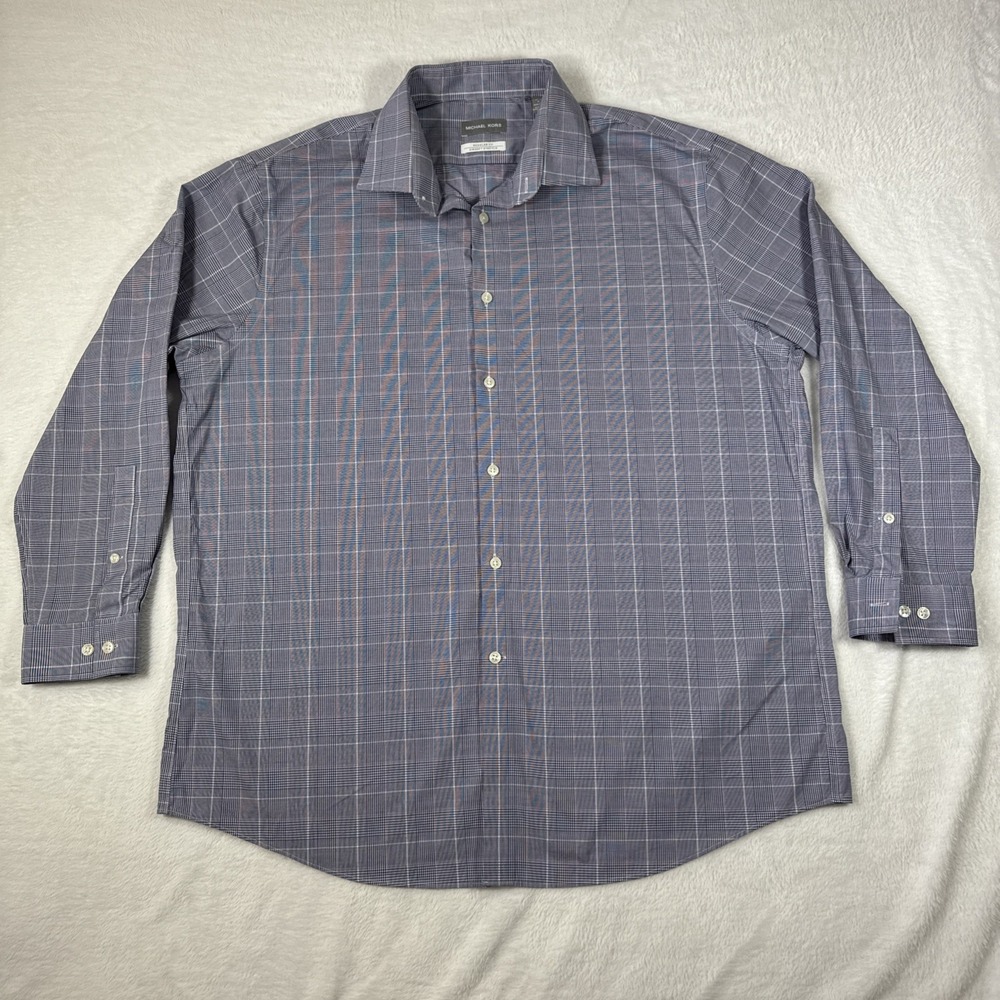 Michael Kors 17.5 32/33 XL Non-Iron Blue Plaid Button Up Non-Iron Stretch‎